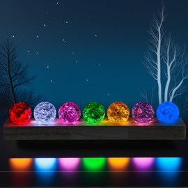 vskikris 40mm 7 Colors Ice Cracked Glass Crystal Chakra Balls with LED Wooden Base Decorative Ornaments for Home Living Room, Night Sphere as Night Light Decoration and Healing Sphere