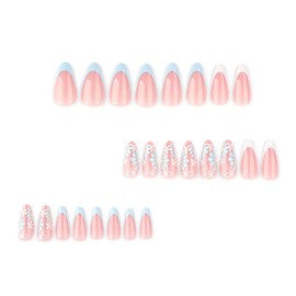 24 Pcs Spring Summer Press on Nails Medium Almond, ZIFANHU Pink Fake Nails Press ons Nail Art Tip Blue White French Flower Bow Design Full Cover Acrylic Nail Kit False Nails Glue Stick on Nails Women