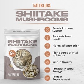 NATURAURA - 8 oz of Large Premium Whole White Flower Dried Shiitake Mushrooms - Great Tasty, Healthy, Nutritious & Umami Rich Protein Substitute, Vegan, Keto Friendly, Gluten Free - Grade AAA