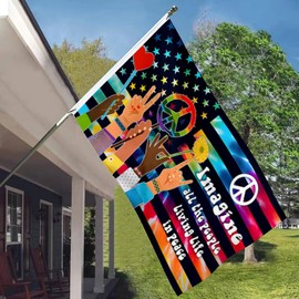 3ply Double Sided - Hippie Grommet Flag Imagine All The People Living Life In Peace Flag Banner for Premium Heavy Duty Durable Garden Decoration Outdoor and Indoor Flags with 2 Grommets (3x5ft)