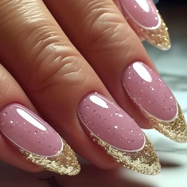 Gold French Tip Press on Nails Medium Length Gold Glitter Fake Nails Pink Almond Shape Artificial Nails Full Cover Glue on Nails Sparkly Artificial Nails Glossy Cute Stick on Nails for Women 24Pcs