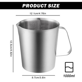 Sporgo Messbecher Edelstahl: 1000 ML Milchkännchen, Barista Milchschaumkännchen mit Messung Mark, Handheld Aufschäumkännchen, für Cappuccino,Latte und Espresso