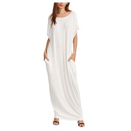 Verdusa Women's Short Sleeve Loose Long Maxi Lounge Dress with Pockets Cream White Large