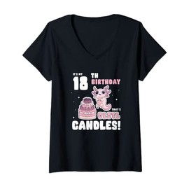 Womens It's my 18th Birthday That's Olotl Candles Funny Axolotl Pun V-Neck T-Shirt