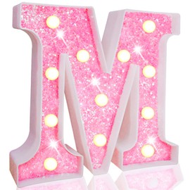 Pooqla LED Marquee Letter Lights, Light Up Pink Letters Glitter Alphabet Letter Sign Battery Powered for Night Light Birthday Party Wedding Girls Gifts Home Bar Christmas Decoration, Pink M