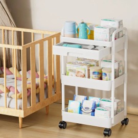 Movable Storage Cart with Lockable Wheels 360 Degree Rotatable Hollow Design for Bedroom & Bathroom OrganizationTier: 3 Tier, color: White Color