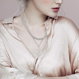 AITAOTAO Cross Pendant Necklace for Women Men - Simple Layered Choker - Cuban Chunky Rope Link Chain - Elegant Christian Jewelry, 18"