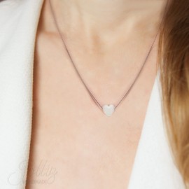 White Opal Heart Necklace For Woman – 925 Black Sterling Silver 16 Inch Wire Cable Chain + 2 Inch Extender – Thin Cute Cable Wire Heart Shaped Opal Jewelry