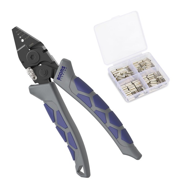 Booms Fishing CP4 Wire Crimping Tool with Cutter, Effort-saving Fishing Crimping Pliers, High Carbon Steel Fishing Plier Wire Rope Leader Crimper Tool, 7 inch Crimpers Swager with 140pcs Sleeves