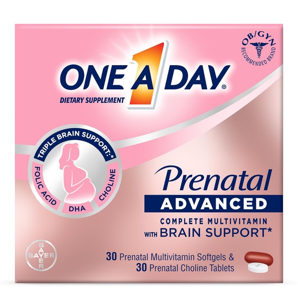 One A Day Womens Prenatal Advanced Complete Multivitamin with Brain Support* with Choline, Folic Acid, Omega-3 DHA & Iron for Pre, During and Post Pregnancy, 30+30 Count (60 Count Total Set)