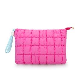 DOB SECHS Puffer Quilted Makeup Bag with Handle, Cute Puffy Cotton Cosmetic Bags for Women, Checkered Toiletry Zipper Pouch, Travel Essentials Storage Organizer Clutch Pouches Pencil Case, Hot Pink