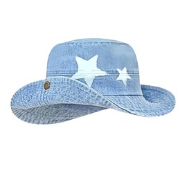 Women Girls Vintage Denim Bucket Hat Roll up Western Cowboy Hat Summer UV Protection Jeans Fisherman Hats Wide Brim Star Print Outdoor Sun Hats for Hiking Beach Travel