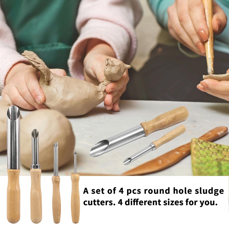 4 Pack Stainless Steel Circular Clay Hole Cutters, Wooden Handle