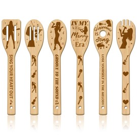 GLOBLELAND 6Pcs Music Woman Bamboo Cooking Utensils Wooden Engraved Cooking Spoons Set Guitar and Notes Carving Kitchen Bamboo Spatula Set Wood Cooking Spoon for Kitchen House Warming Gift