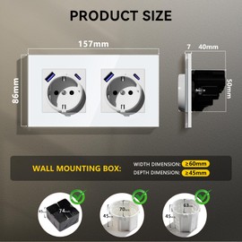 BSEED LIFE Schuko Socket with USB-C 20 W PD USB-A, Flush-Mounted 86 x 157 mm, 16 A EU Double Socket with Glass Frame, Quick Charge, Type F with Grounding, Easy Installation (Folding Claws), 2-Way
