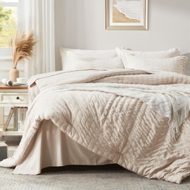 Zzlpp Beige King Comforter Set 7 Pieces, Seersucker Bed in a Bag with Sheets, All Season Bedding Sets with 1 Comforter, 2 Pillow Shams, 2 Pillowcases, 1 Flat Sheet, 1 Fitted Sheet