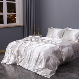 Sleepymoon Duvet Cover Set Silk Like Single Double King Super King (White, Single)