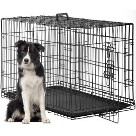FDW Dog Crate for Large Dogs 48 Inch Folding Metal WirePet Cage Double Door W/Divider Panel Indoor Outdoor Kennel Leak-Proof Plastic Tray,Black