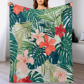 Tropical Throw Blanket Green Palm Leaves Pink Flowers Pattern Soft Lightweight Warm Plush Blankets for Sofa Bedroom 30"x40"