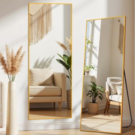 Aluminum Frame Full Length Mirror, Mirrors Full Length for Home Wall Decor, Floor Mirror with Stand, Large Mirrors 64"×21" for Bedroom Bathroom Décor, Gold
