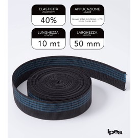 IPEA Strap for Sofa, Chair, Upholstery, Armchair - 10 Metres Length - Elastic Elastic Strap with 4 Stripes - Drawstring for Seat, Backrest Elasticity 40% - Width 50 mm - Black