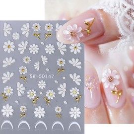 2sheets 5D Embossed Flower Nail Stickers for Nail Art Self Adhesive Daisy Nail Art Stickers White Flowers Nail Decals Supplies Ice Through Hibiscus Floral Nail Design Stickers for Women Girl