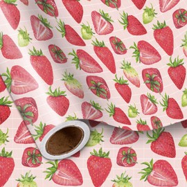 LeZakaa Strawberry Wrapping Paper Roll, Pink Red Sweet Strawberry Design Party Favors Gift Wrap for for Women Girls Birthday, Wedding, Bridal Shower, Baby Shower, Mini Roll, 17 in x 16.4 ft