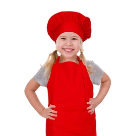 CRJHNS Kids Apron and Chef Hat Set, Adjustable Cotton Child Aprons with Large Pocket Red Girls Boys Kitchen Bib Aprons for Cooking Baking Painting (Red, Small)