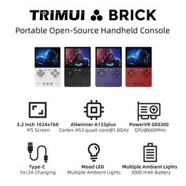 Trimui Brick Retro Handheld Portable Retro Gaming WiFi Multiplayer 159g Lightweight Retro Emulator with RGB Lighting USB-C Fast Charging 3.2" Square IPS Screen 3000mAh 128G TF Card Linux Black