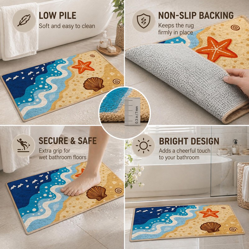 VISSTREE Beach Coastal Bathroom Rug, Colorful Ocean Wave Bath Mat