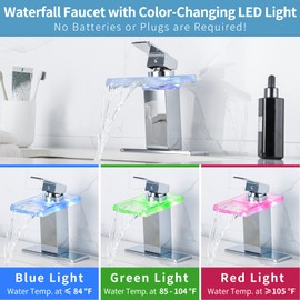 Y-Garhe LED Bathroom Sink Faucet - Chrome Single Hole or 4 Inch Centerset Waterfall Faucet with Glass Spout and Temperature-Sensitive LED Lights, Includes Deck Plate