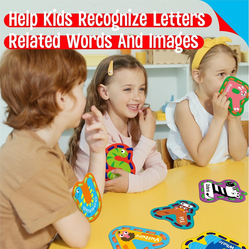 SpriteGru 26PCS Kids Lacing Cards, 26 Double Sided Uppercase Sewing