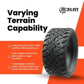 Ocelot P3118 Golf Cart Tire 20x10-10 All-Terrain Style Tread 4-Ply Construction with Non-Directional Tread Pattern for Durability, Grip, and Traction across a Variety of Terrain Types