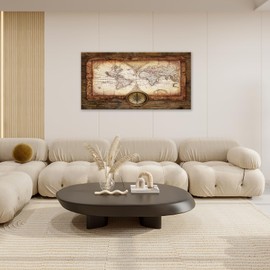 Large World Map Wall Art Vintage Map Pictures Wall Decor for Office Abstract Retro Map Canvas Painting Rustic Extra Large World Map Framed Artwork for Bedroom Living Room Ready to Hang 30"x60"