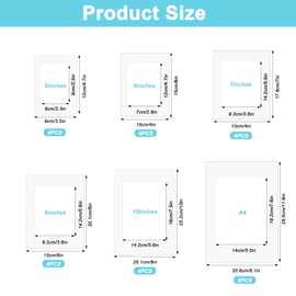 24 Pcs Photo Mounts for Frames, Picture Mounts for Frames, 5 Inch 6 Inch 7 Inch 8 Inch 10 Inch A4 Picture Frame Mounts, White Photo Frame Mounts for Picture Paintings Artwork Mount Board Card Mats