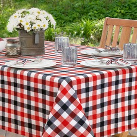 Home Bargains Plus 4th of July Rectangle Fabric Tablecloth, 60 x 120 Inch, Patriotic Gingham, Indoor Outdoor Fabric Table Cover, American Red White and Blue, Summer Barbeque Party