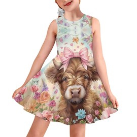 Uourmeti Flower Highland Cow Kids Twirly Dresses for Girls 5-6 Years Sleeveless Tank Play Dress A Line Princess Dresses for Toddler Casual Summer Dresses Teens Sundresses Knee Length