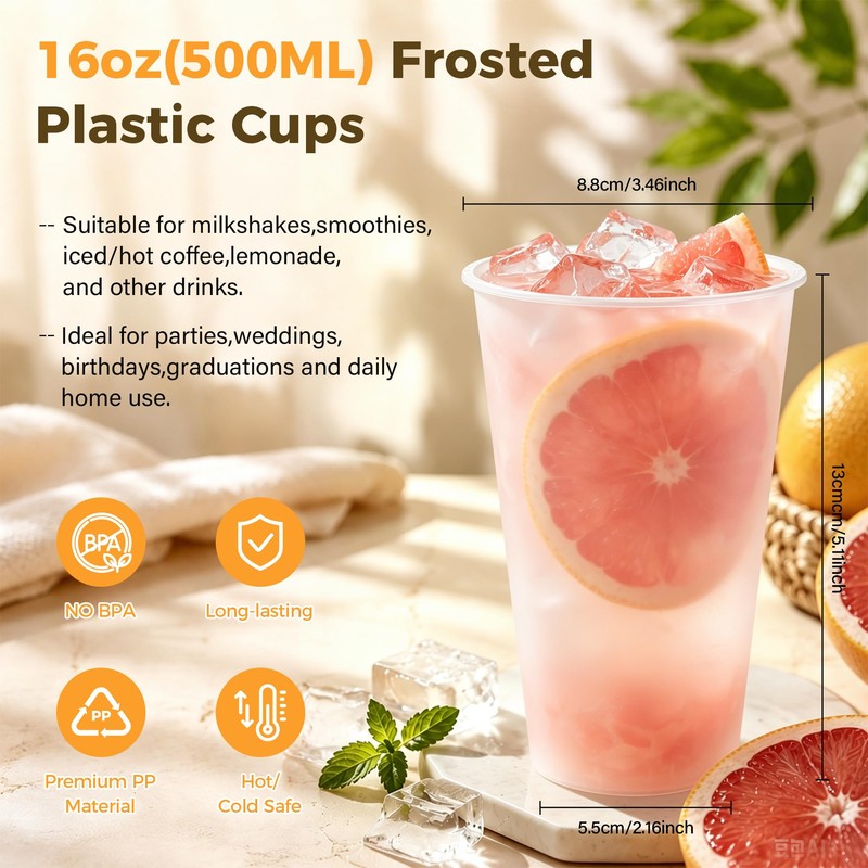 KesaPlan 50 Pack 16oz Clear Frosted Plastic Cups, Disposable Wedding