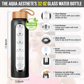 Aqulea Glass Water Bottles 32 Oz with Silicone Sleeve - BPA Free Reusable Wide Mouth Glass Motivational Water Bottles with Fruit Infuser – Leak Proof Borosilicate Water Bottle with Time Marker (Black)