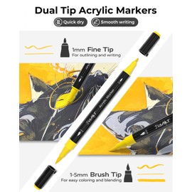 JusArt 24 Colors Dual Tip Acrylic Paint Pens Markers, Brush and Fine Tip, Premium Paint Pens for Wood, Canvas, Egg, Stone, Fabric, Rocks, Metal, Glass, Ceramic, DIY Crafts Making Art Supplies Gifts