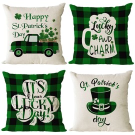 St Patricks Day Throw Pillow Covers 20x20 Set of 4 Green Plaid Decorative Pillow Covers Saint Patricks Day Shamrock Clover Truck Cushion Covers Pillow Cases for Home Outdoor Sofa Decoration（20 inch）
