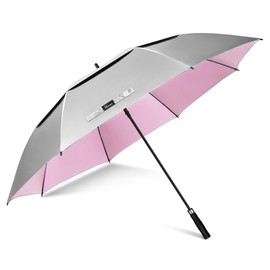 NINEMAX 62 Inch Golf Umbrella UV Potection, Auto Open Large UV Umbrellas Sun Blocking Double Canopy Vented Windproof for Sun Rain(Silver/Pink)
