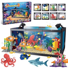 AKWME 8 in 1 Fish Tank Building Sets, Marine Aquarium Building Block with LED Light Party Favors 9 Model Toy Including Octopus Crab, Christmas Birthday Gifts for Boys Girls Kids Ages 6 8 10 12+