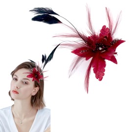 AWAVM Sibba Feather Mesh Tea Party Headband Fascinator Hat Flower Feather Beads Kentucky Derby Hats, Fascinator Hat by Sibba, Fashionable Red Feather Fascinator Clip for Women Black