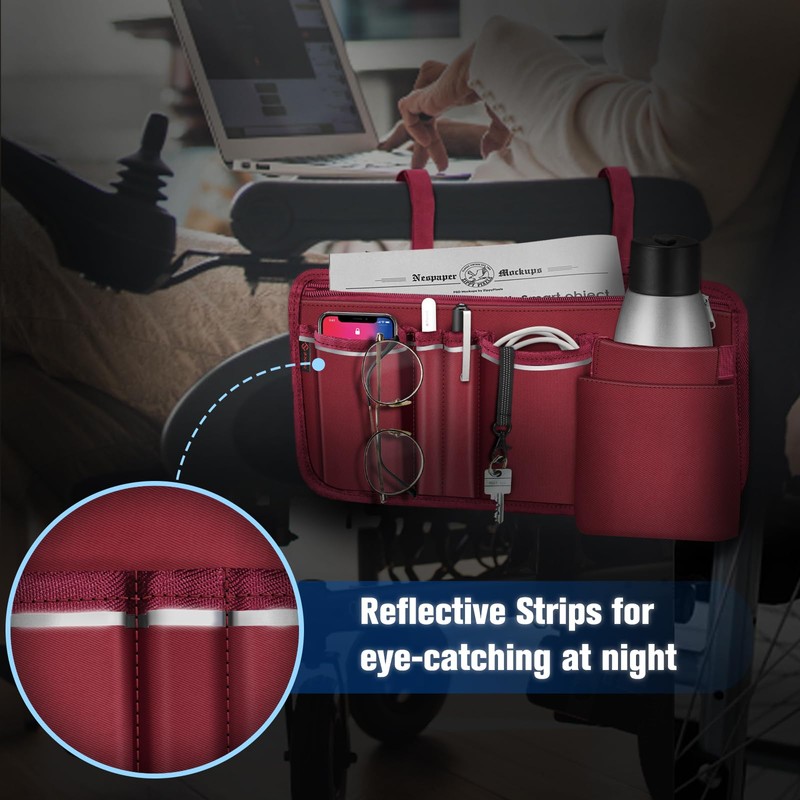 FINPAC Wheelchair Side Storage Bag w/Cup Holder, Wheelchair Armrest Accessories