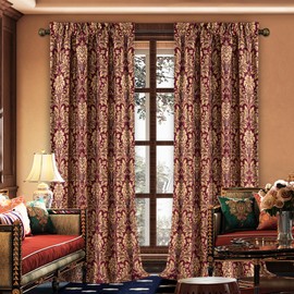 Loom and Mill Luxury Jacquard Curtains for Bedroom, Burgundy Red Lined Damask Curtains 2 Panels with Tiebacks, Floral Window Curtain for Living Room Banquet Christmas Decor(52”Wx 108”L, 2 Panels)
