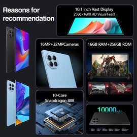 testlili Tablet 10.1 inch Android 14 Tablets, 16GB RAM 256GB ROM,16MP+32MP Camera,10 Core Tablet PC, 2560 * 1600 HD Touch Screen,Smart-K Dual Speakers, 10000mAh, GPS, WiFi (Blue)