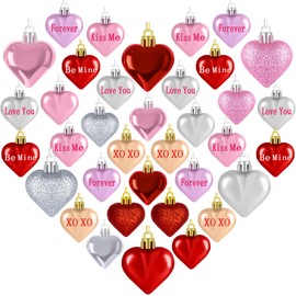 Valentines Day Decorations, 36pcs Heart Shaped Ornaments, Glitter Red Heart Shaped Hanging Baubles, Romantic Pink Glossy Valentine's Day Decor for Party Wedding Engagement Lover