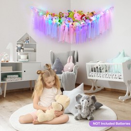 MHJY Toy Hammock Stuffed Animals Storage Net Soft Cuddly Toys Large Corner Hanging Net With LED Light Hand Woven Plush Macrame Organizer with Tassel for Kids Bedroom Nursery