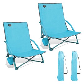 LANMOUNTAIN 2 Pack Low Beach Chair,Folding Recliner Camping Chair for Adults,Lightweight Backpacking Low Seat Camping Chairs with Cup Holder, Carry Bag for Outdoor Camp Lawn Picnic Festival,Blue